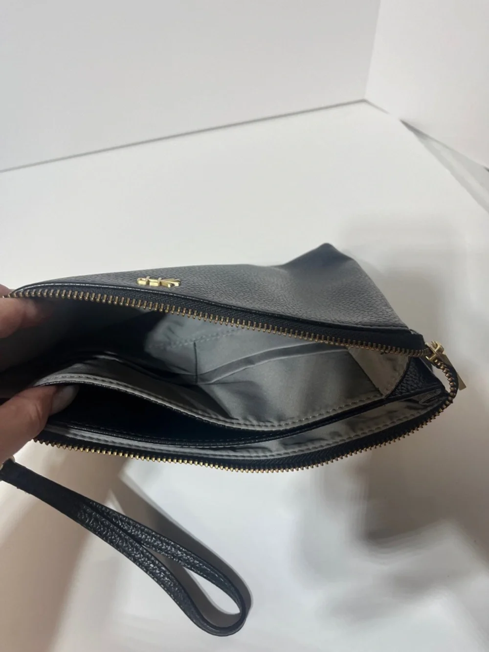 Freshly Picked Black Faux Leather Wristlet Clutch Gold Logo Tassel Strap